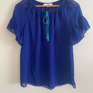 Milly Royal Blue Sheer Chiffon Blouse with Ruffle Sleeves